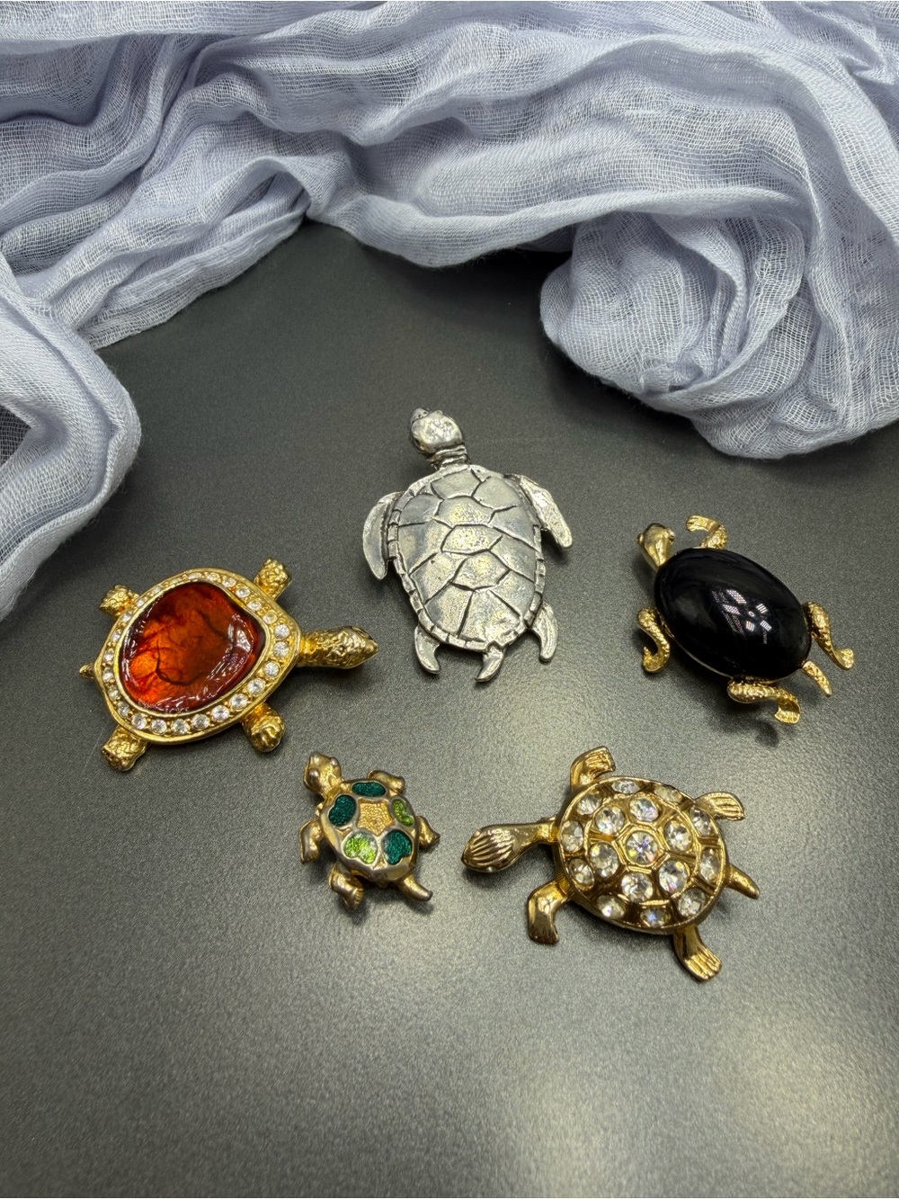 Five  Turtle Brooches – Silver, Gold & Green